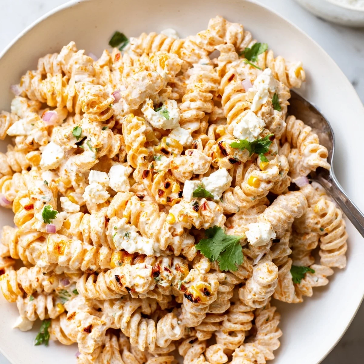 Creamy Elote Street Corn Pasta Salad topped with crumbled Cotija and fresh cilantro