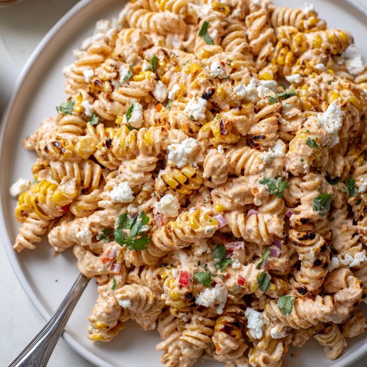 Zesty lime-drizzled Elote Street Corn Pasta Salad served in a rustic summer bowl