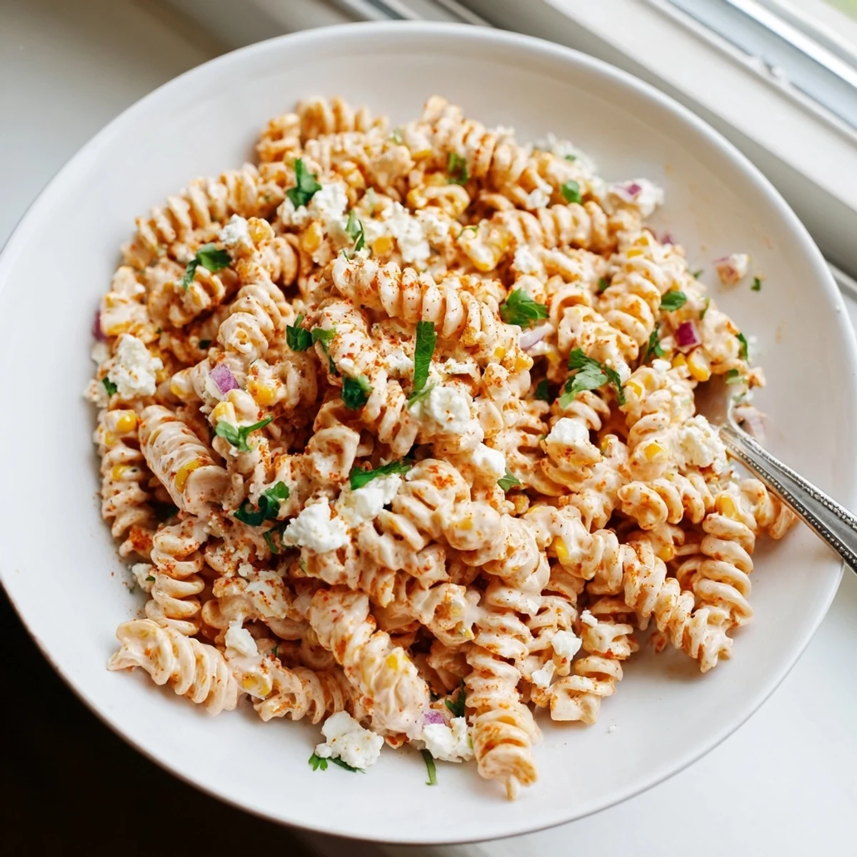 Charred corn and tender rotini mingle in this vibrant Elote Street Corn Pasta Salad