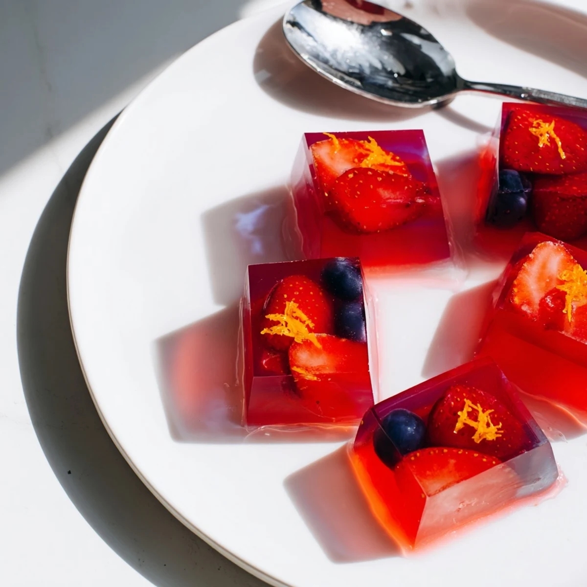Glossy collagen fruit jellies gleaming in vibrant jewel-toned squares on a chilled plate