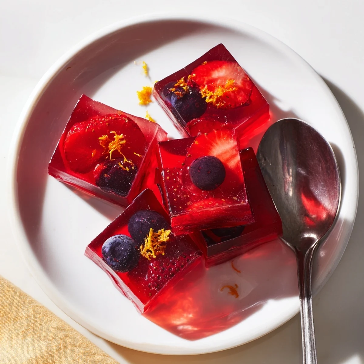 Translucent collagen fruit jellies with citrus zest garnished and ready to serve