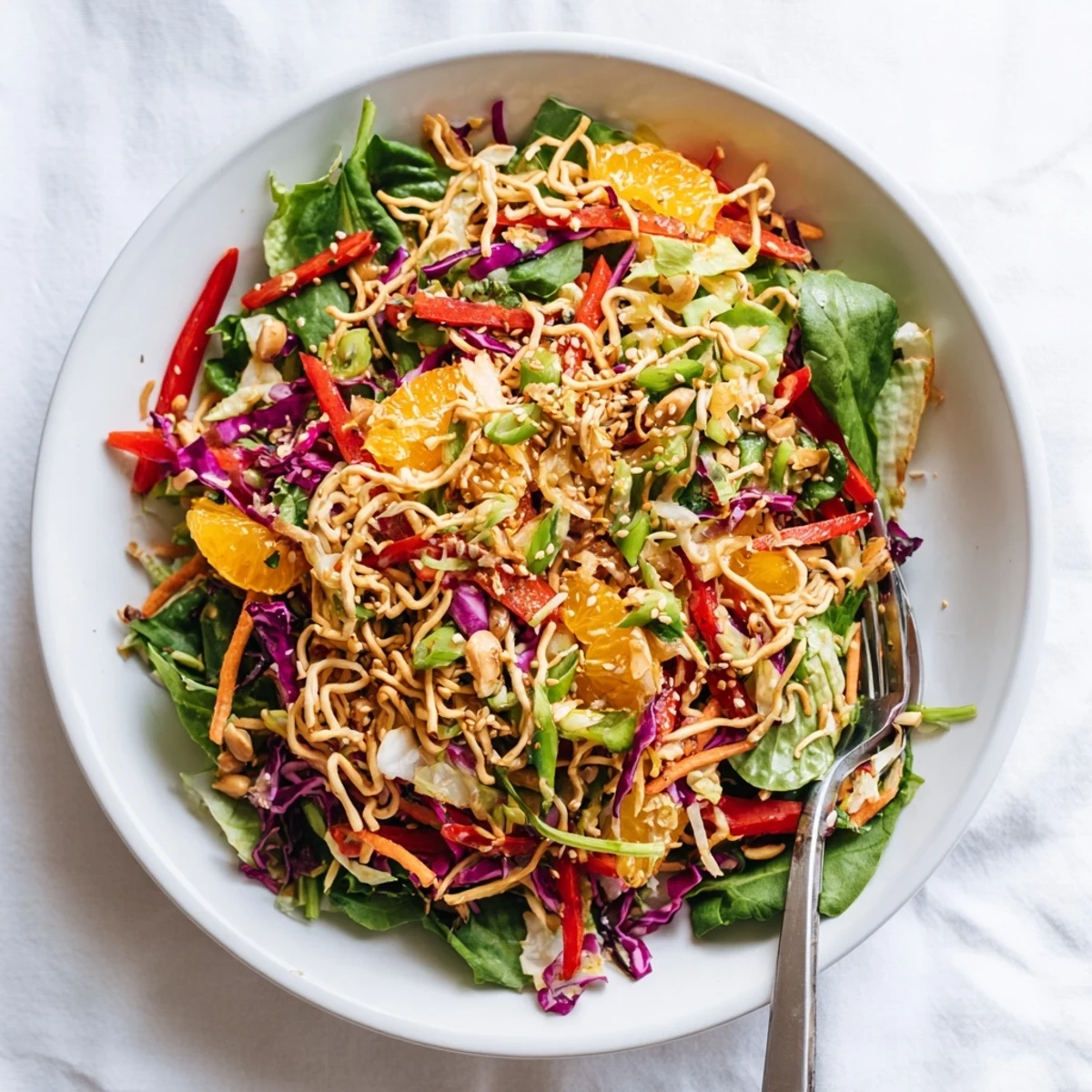 Crisp Mandarin Sesame Crunch Salad topped with golden noodles and sweet orange segments
