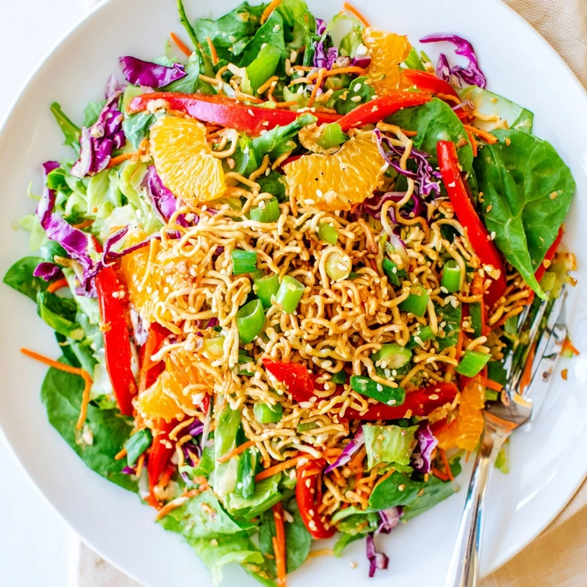 Colorful Mandarin Sesame Crunch Salad drizzled with tangy ginger sesame dressing in a bowl