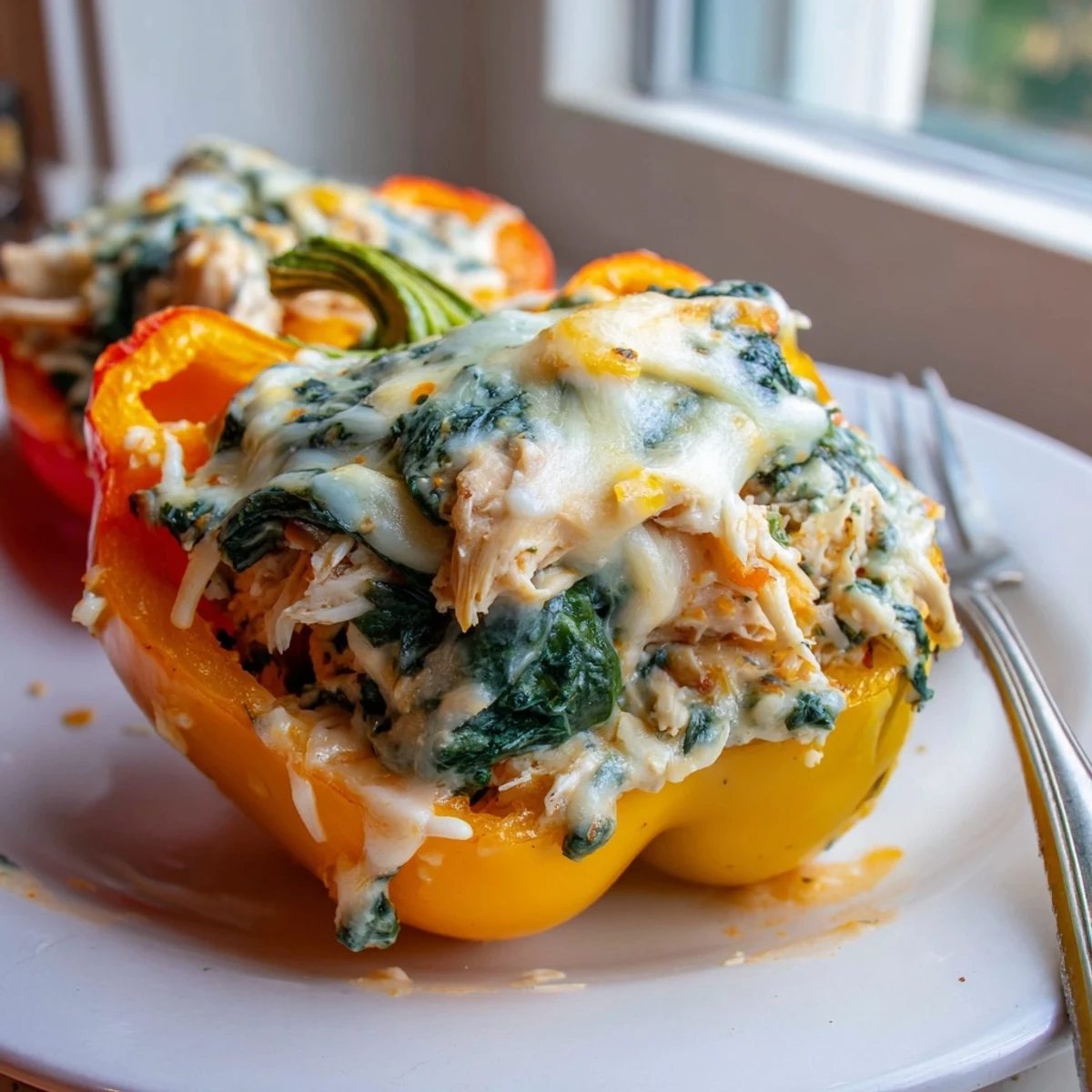 Golden baked chicken Florentine stuffed peppers with bubbling melted mozzarella on top