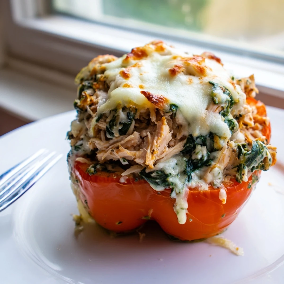 Colorful bell peppers filled with creamy chicken Florentine filling fresh from the oven