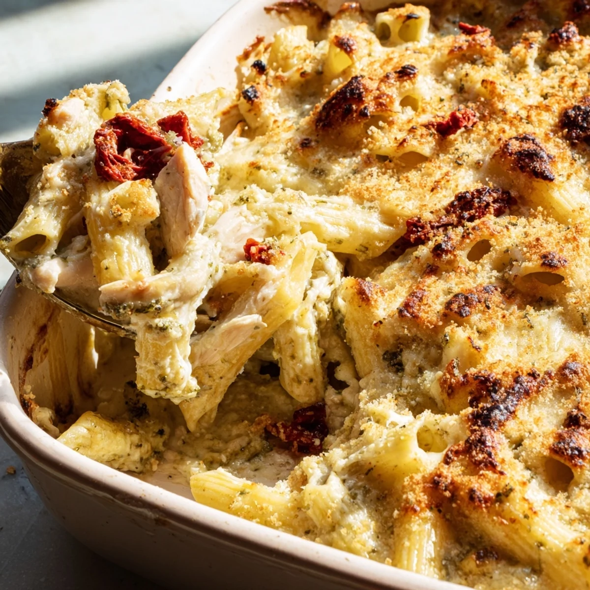 Golden pesto chicken pasta bake with bubbling mozzarella and fresh basil garnish