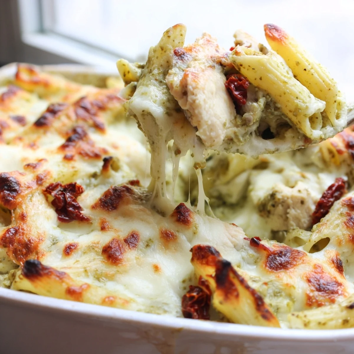 Baked pesto chicken pasta casserole with gooey melted cheese and penne