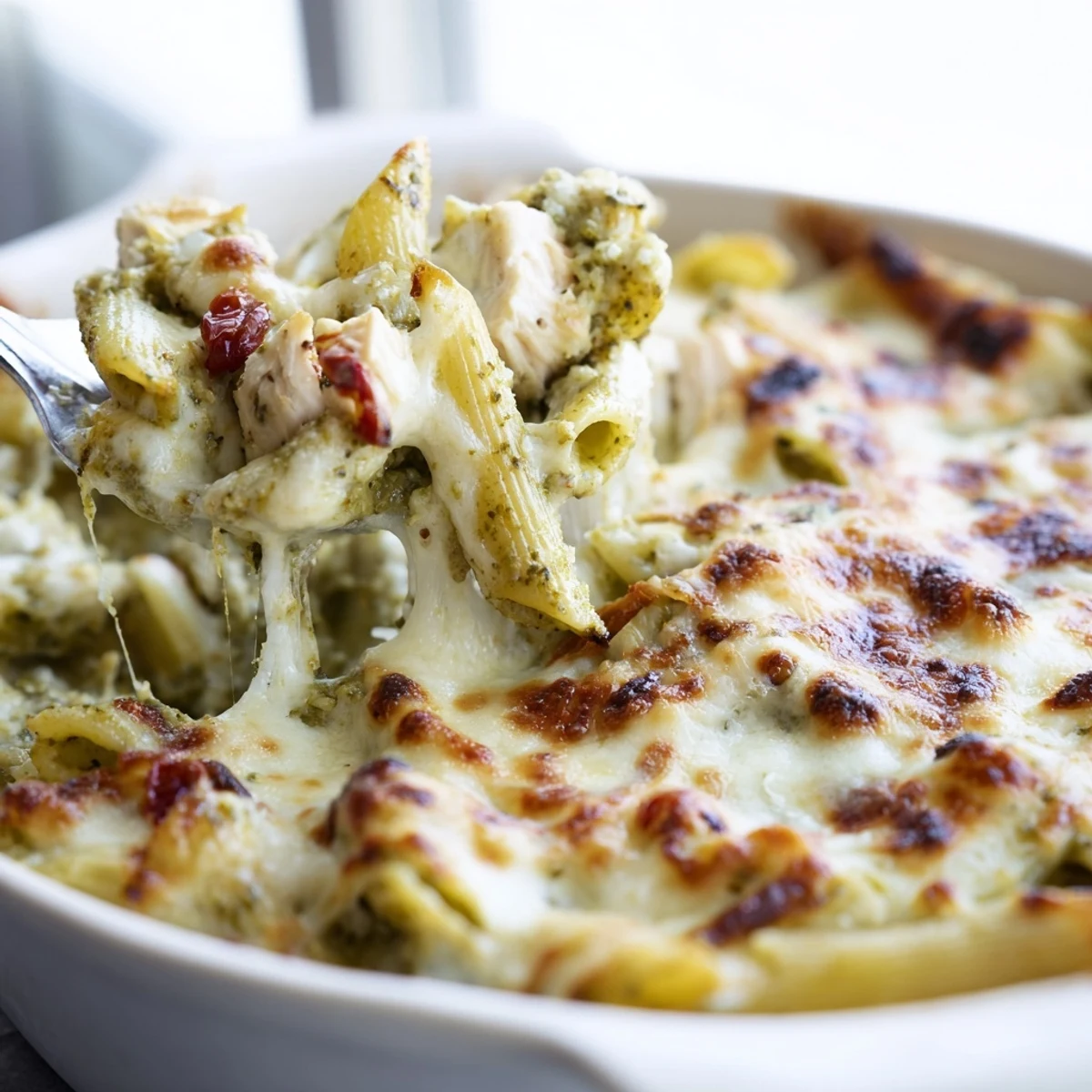 Creamy pesto chicken pasta bake scooped from a bubbling oven-safe dish