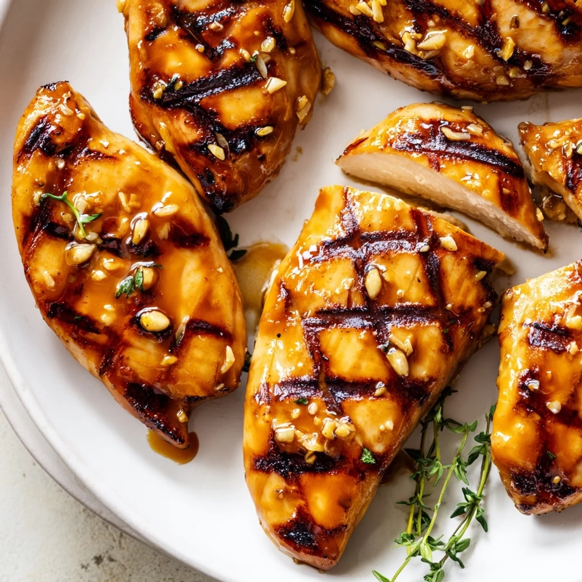 Golden Maple Dijon grilled chicken with caramelized glaze and distinct charred grill marks on a wooden cutting board.