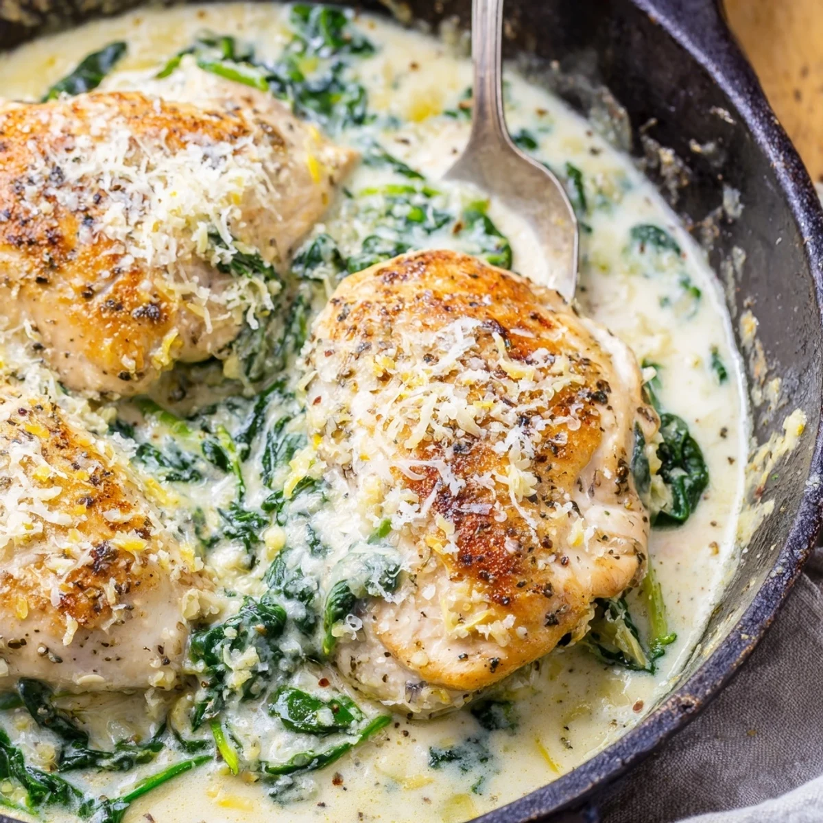 Golden seared Lemon Parmesan Spinach Chicken nestled in a creamy, garlicky skillet sauce