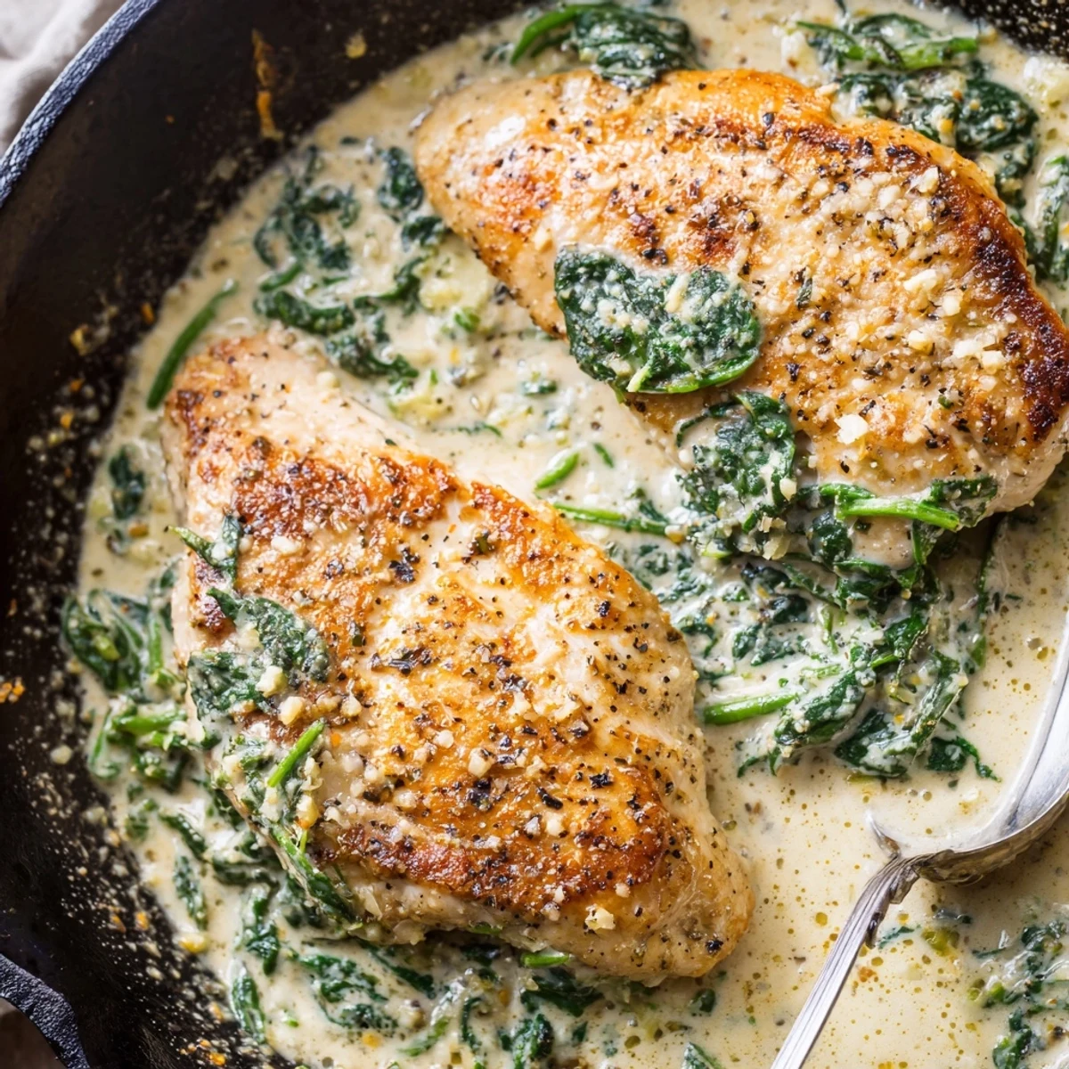Juicy Lemon Parmesan Spinach Chicken topped with melted cheese and vibrant wilted greens