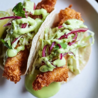 Baja Fish Tacos Avocado Crema