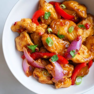 Tender glazed chicken thighs in Thai Peach Chicken with colorful bell peppers and scallions