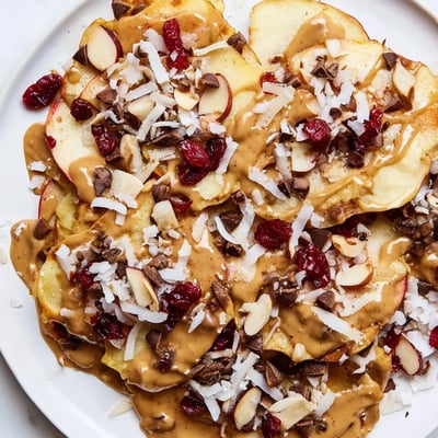 Golden apple slices layered with sweet cinnamon tahini drizzle, chocolate chips, and cranberries