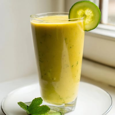 Tropical mango cucumber smoothie blended golden green topped with ice cubes