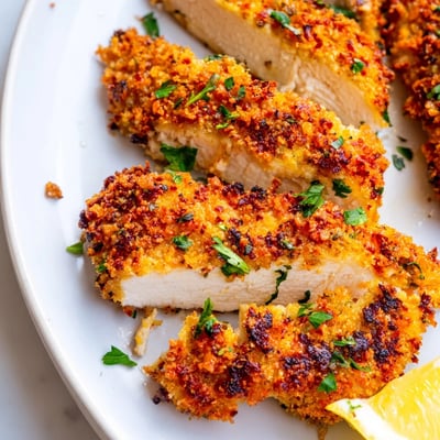 Juicy Paprika Parmesan Chicken garnished with fresh parsley and bright lemon wedges
