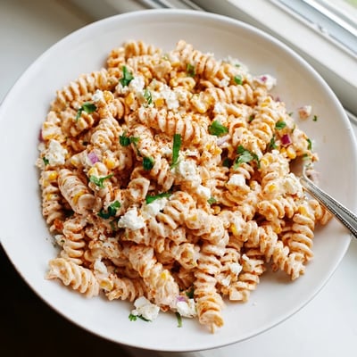 Charred corn and tender rotini mingle in this vibrant Elote Street Corn Pasta Salad